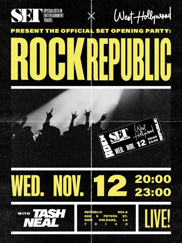 Rock Republic @ Republic NOLA 🤘

Access all areas for the SET crew. Hosted in partnership with @visitweho, Opening Night is your backstage pass to the gritty glory of LA’s heyday. Think: underground dive bar vibes, an electric soundtrack with @tash_neal and pure rock ‘n’ roll hedonism.

Dress code: Denim. Leather. Your most-treasured vintage band tee. Whatever you wear, wear it with attitude.

Hit the link in bio for outfit inspo. 🖤